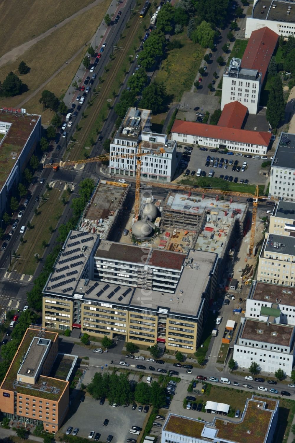 Berlin OT Adlershof from the bird's eye view: Construction site for new office and retail building EUROPA-CENTER III at Rudow Chaussee in Berlin - Adlershof