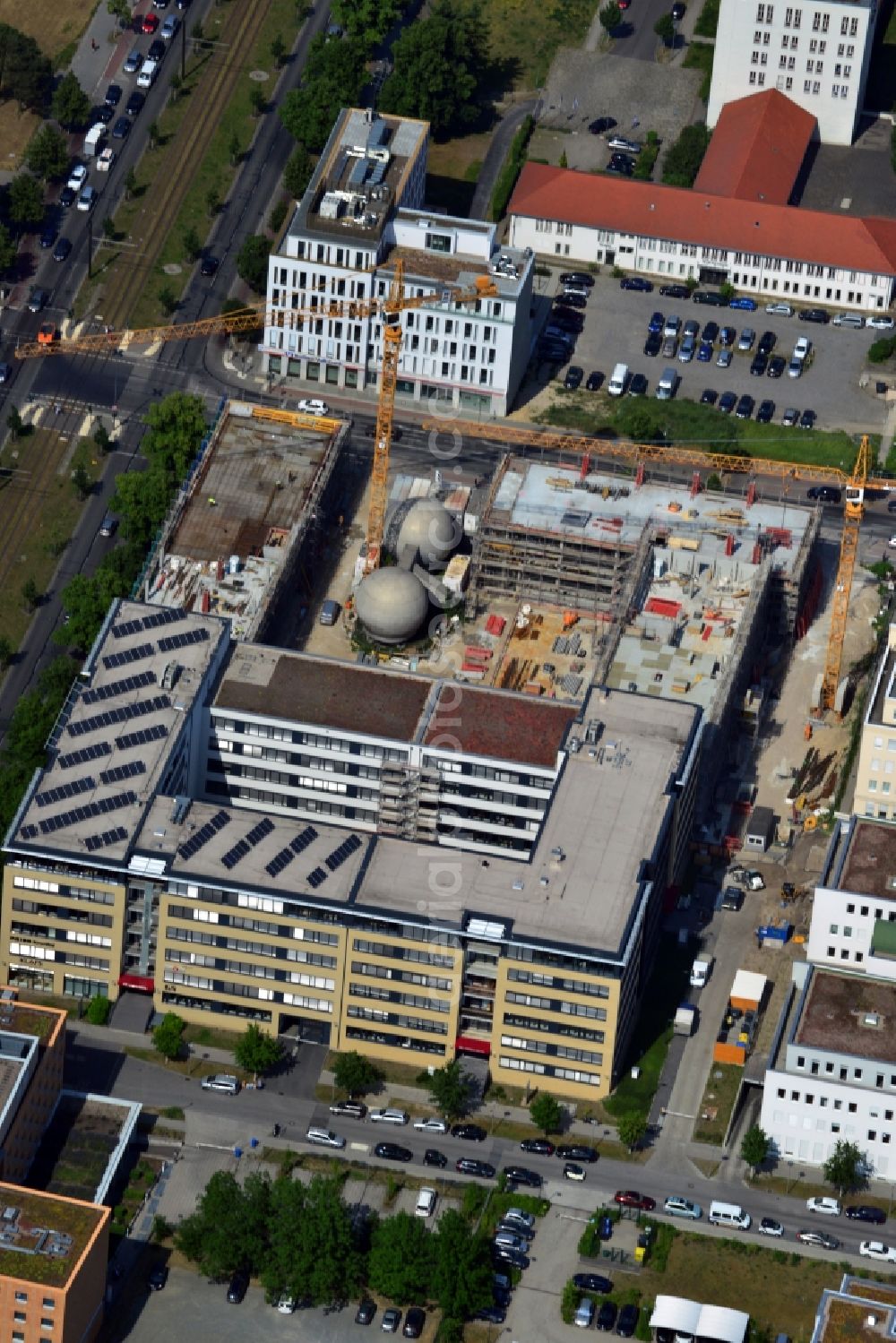 Berlin OT Adlershof from above - Construction site for new office and retail building EUROPA-CENTER III at Rudow Chaussee in Berlin - Adlershof