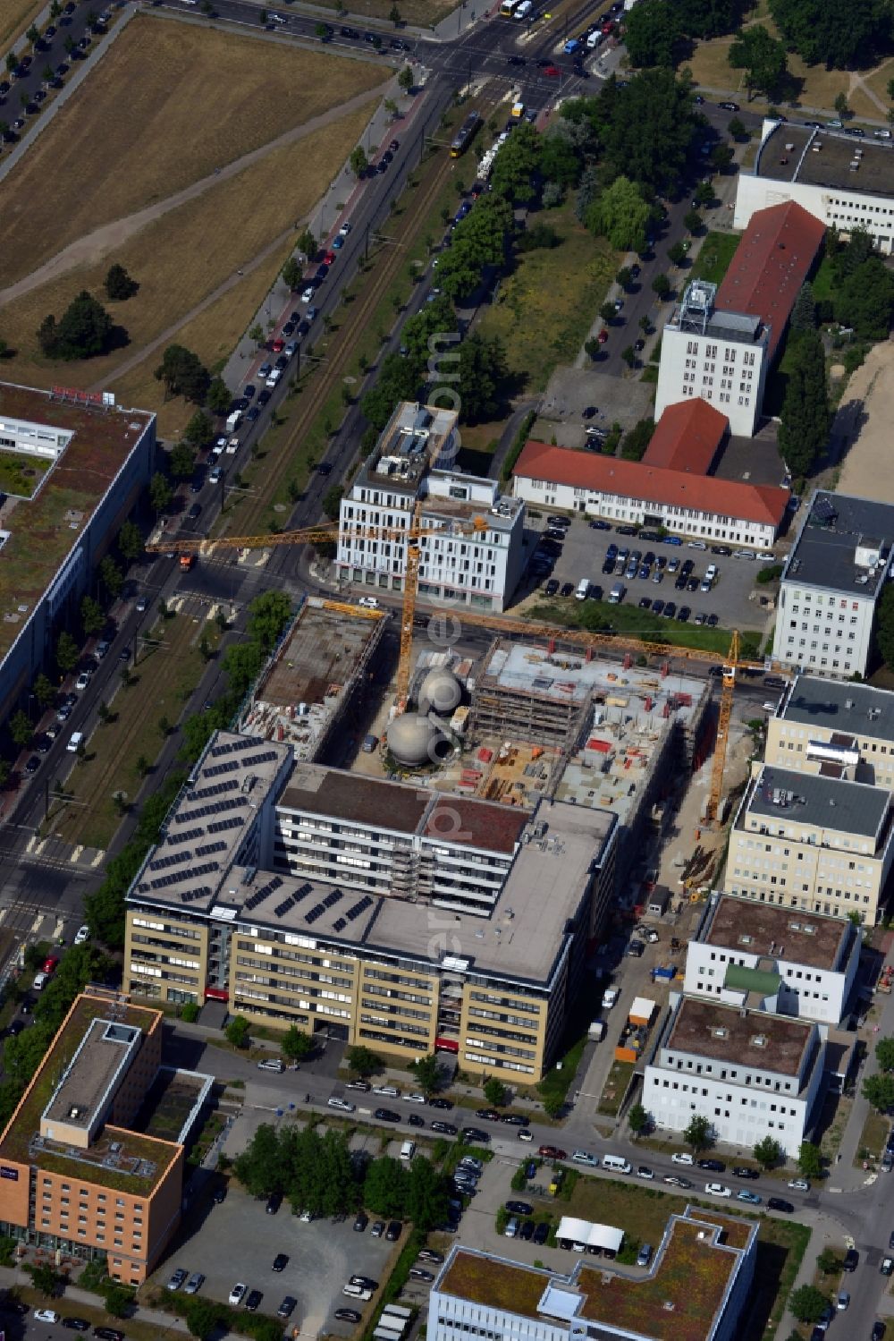 Berlin OT Adlershof from the bird's eye view: Construction site for new office and retail building EUROPA-CENTER III at Rudow Chaussee in Berlin - Adlershof