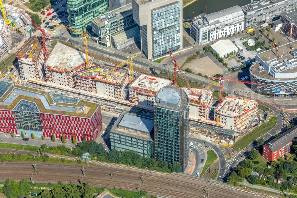 Aerial image Düsseldorf - Construction site to build a new office and commercial building FLOAT between Franzsiusstrasse and Holzstrasse in Duesseldorf in the state North Rhine-Westphalia, Germany