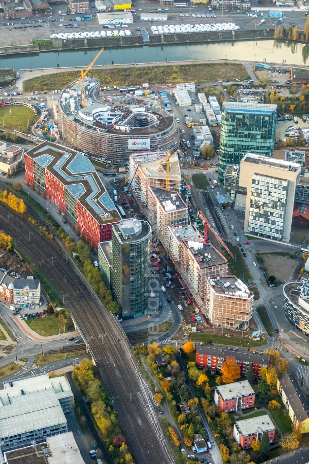 Aerial image Düsseldorf - Construction site to build a new office and commercial building FLOAT between Franzsiusstrasse and Holzstrasse in Duesseldorf in the state North Rhine-Westphalia, Germany