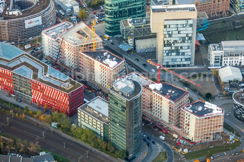 Aerial image Düsseldorf - Construction site to build a new office and commercial building FLOAT between Franzsiusstrasse and Holzstrasse in Duesseldorf in the state North Rhine-Westphalia, Germany