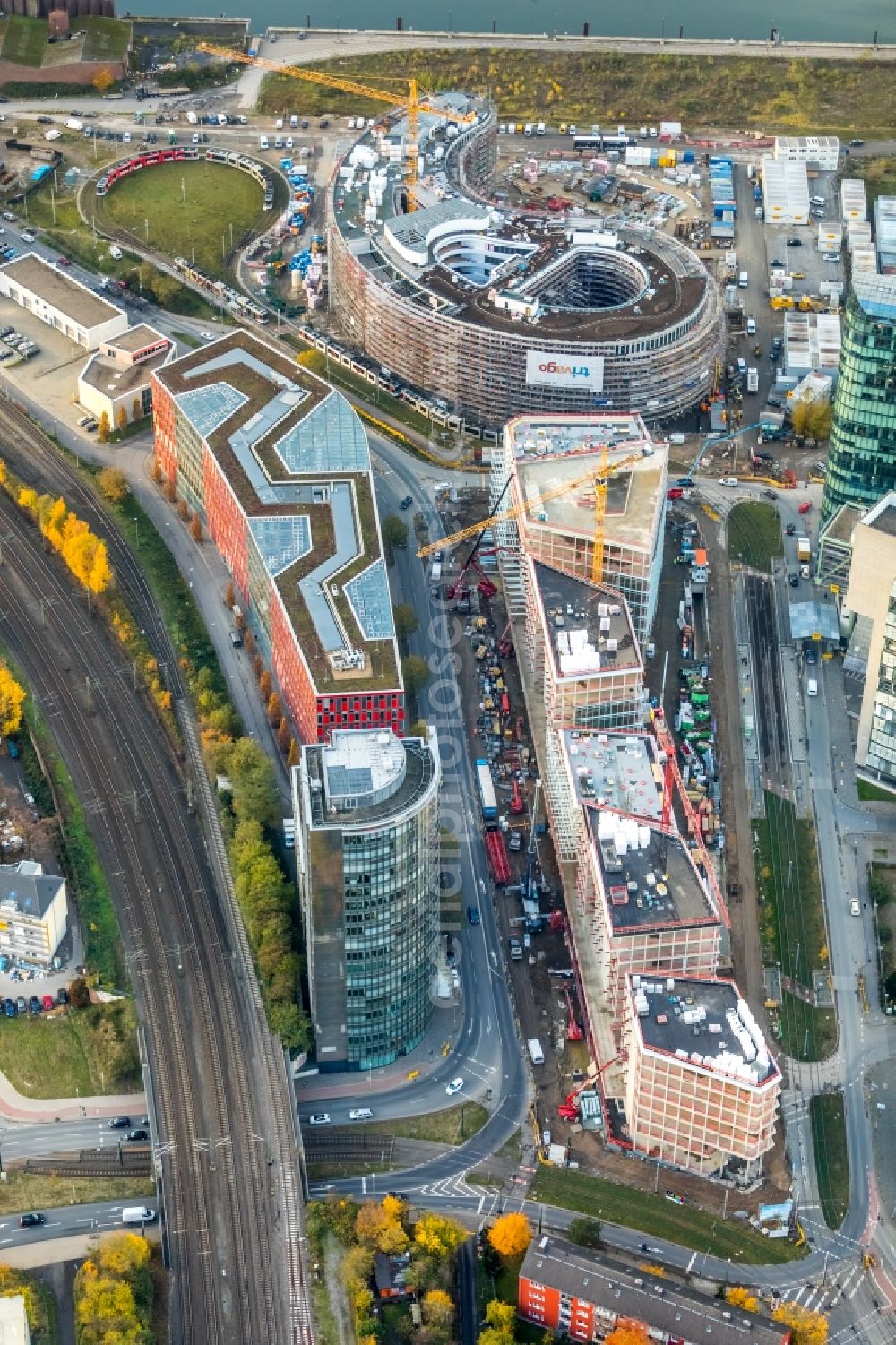 Düsseldorf from above - Construction site to build a new office and commercial building FLOAT between Franzsiusstrasse and Holzstrasse in Duesseldorf in the state North Rhine-Westphalia, Germany