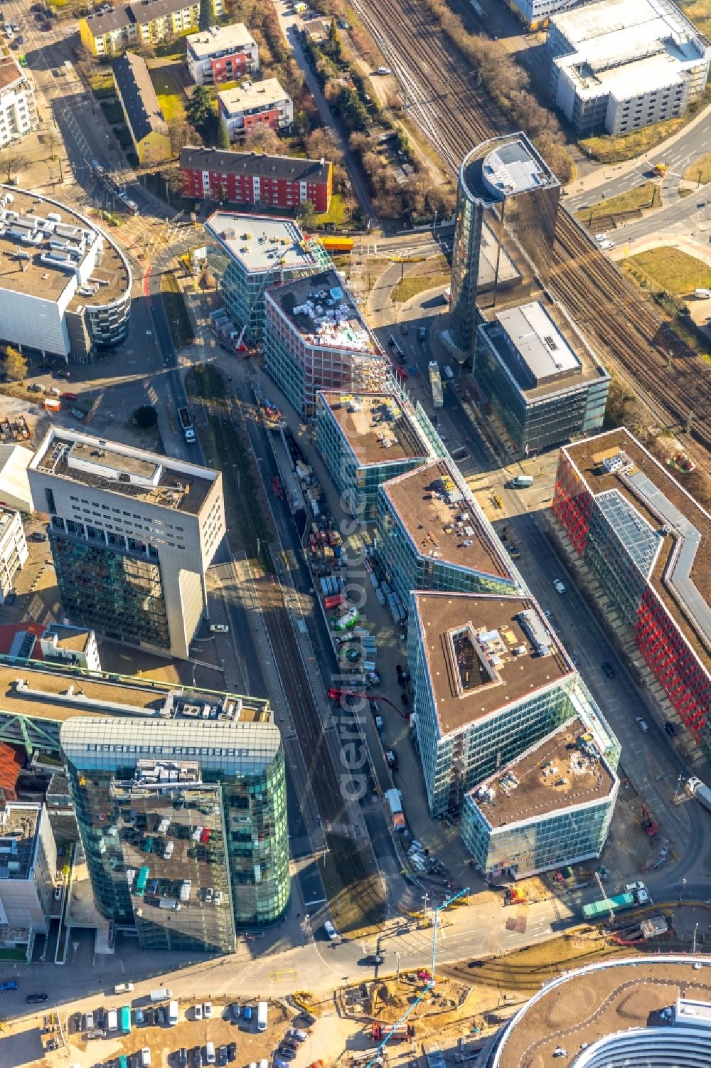 Düsseldorf from above - Construction site to build a new office and commercial building FLOAT between Franzsiusstrasse and Holzstrasse in Duesseldorf in the state North Rhine-Westphalia, Germany