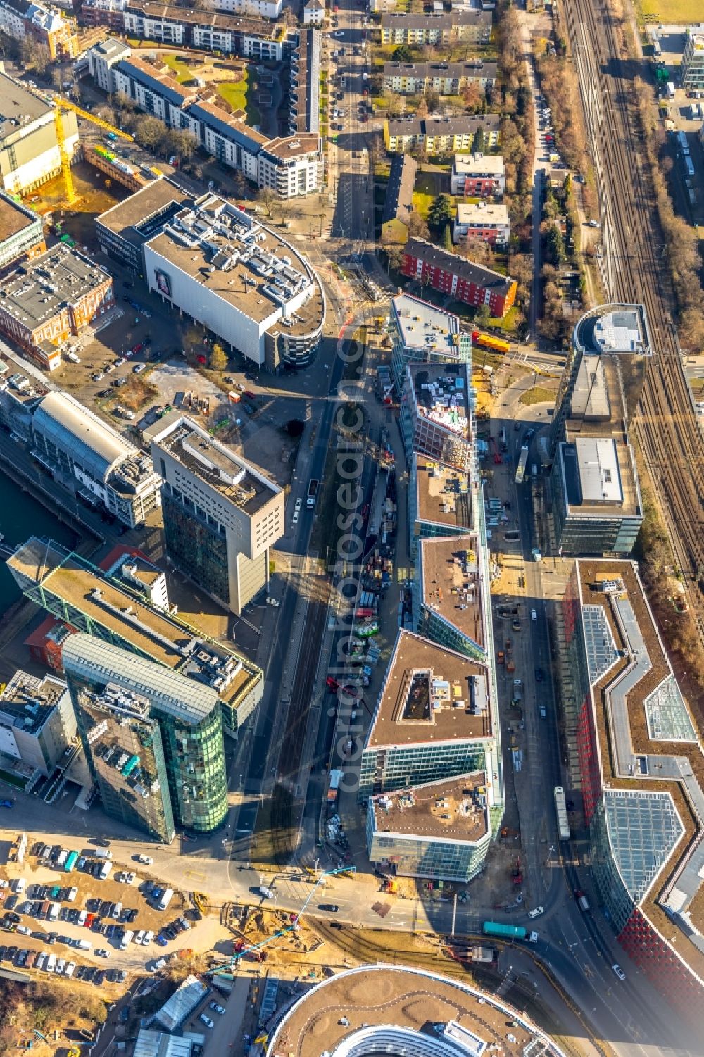 Aerial photograph Düsseldorf - Construction site to build a new office and commercial building FLOAT between Franzsiusstrasse and Holzstrasse in Duesseldorf in the state North Rhine-Westphalia, Germany