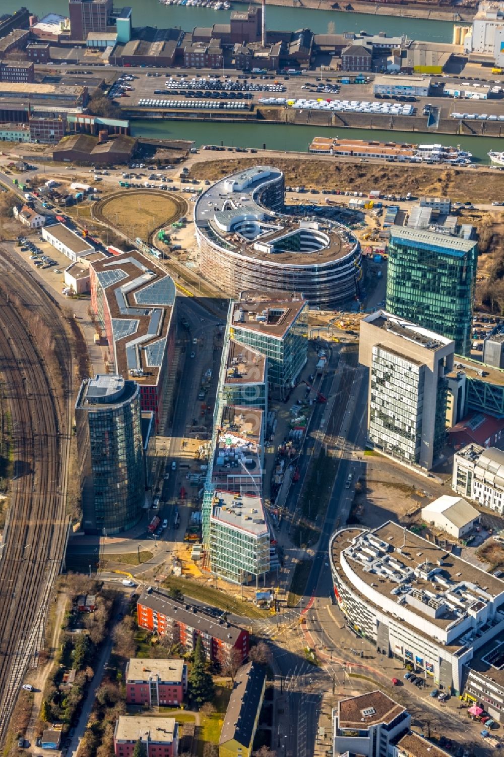 Düsseldorf from above - Construction site to build a new office and commercial building FLOAT between Franzsiusstrasse and Holzstrasse in Duesseldorf in the state North Rhine-Westphalia, Germany