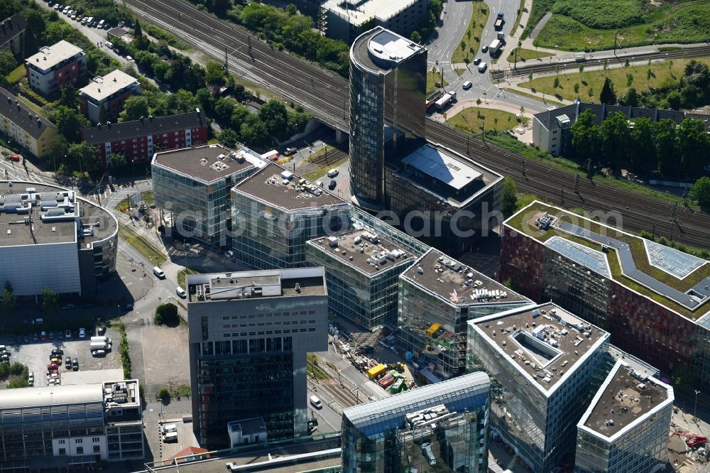 Düsseldorf from the bird's eye view: Construction site to build a new office and commercial building FLOAT between Franzsiusstrasse and Holzstrasse in Duesseldorf in the state North Rhine-Westphalia, Germany