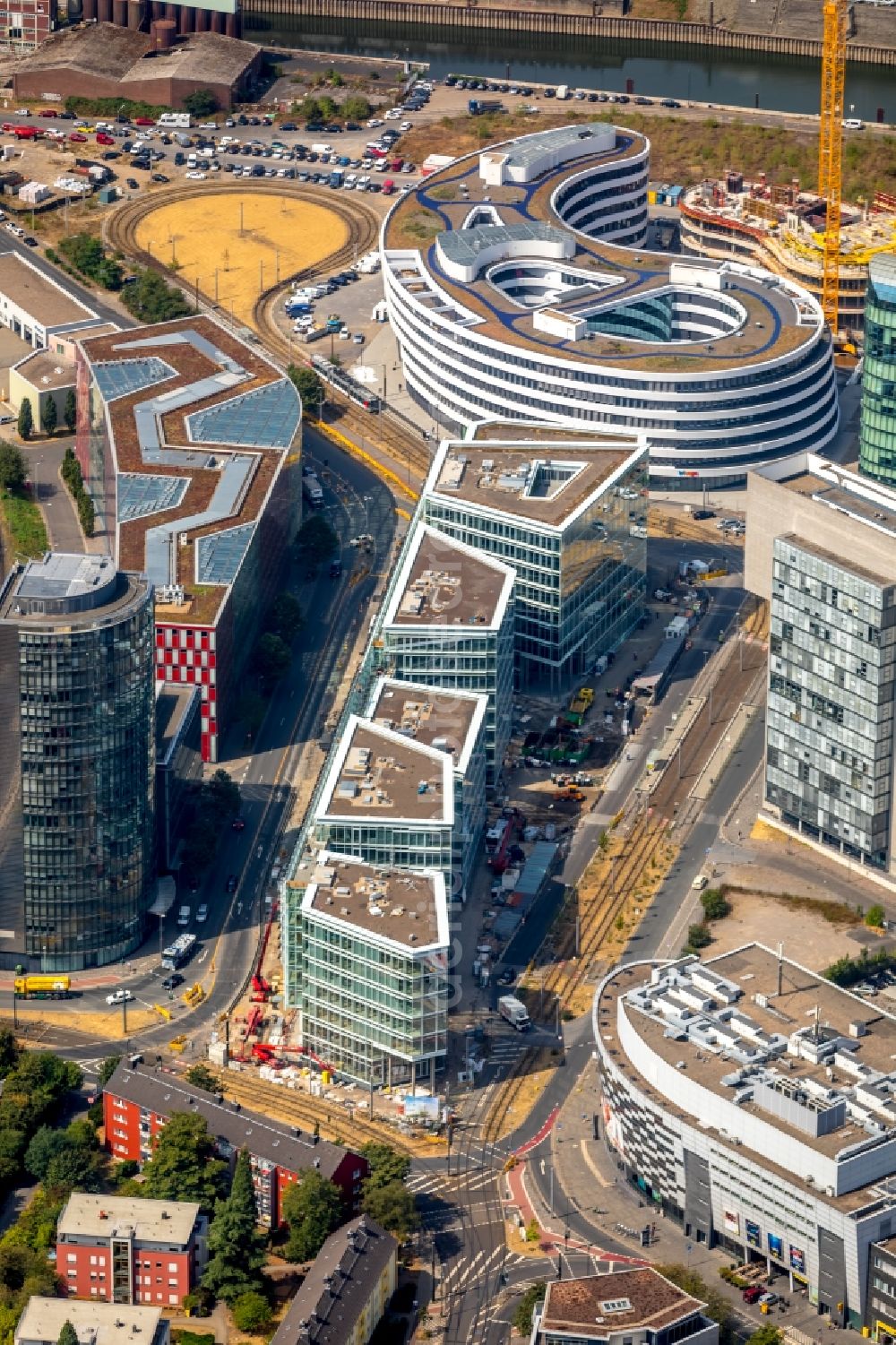 Düsseldorf from above - Construction site to build a new office and commercial building FLOAT between Franzsiusstrasse and Holzstrasse in Duesseldorf in the state North Rhine-Westphalia, Germany