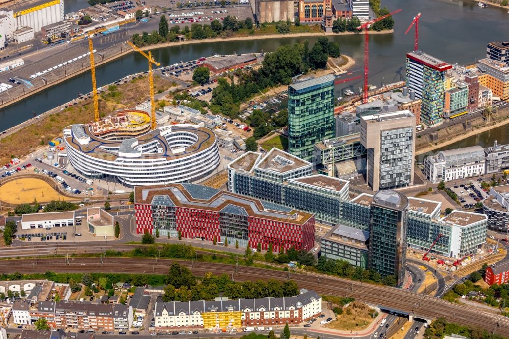 Düsseldorf from the bird's eye view: Construction site to build a new office and commercial building FLOAT between Franzsiusstrasse and Holzstrasse in Duesseldorf in the state North Rhine-Westphalia, Germany