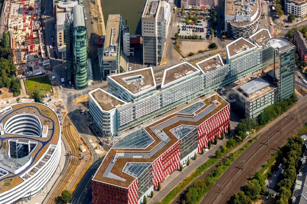 Düsseldorf from the bird's eye view: Construction site to build a new office and commercial building FLOAT between Franzsiusstrasse and Holzstrasse in Duesseldorf in the state North Rhine-Westphalia, Germany