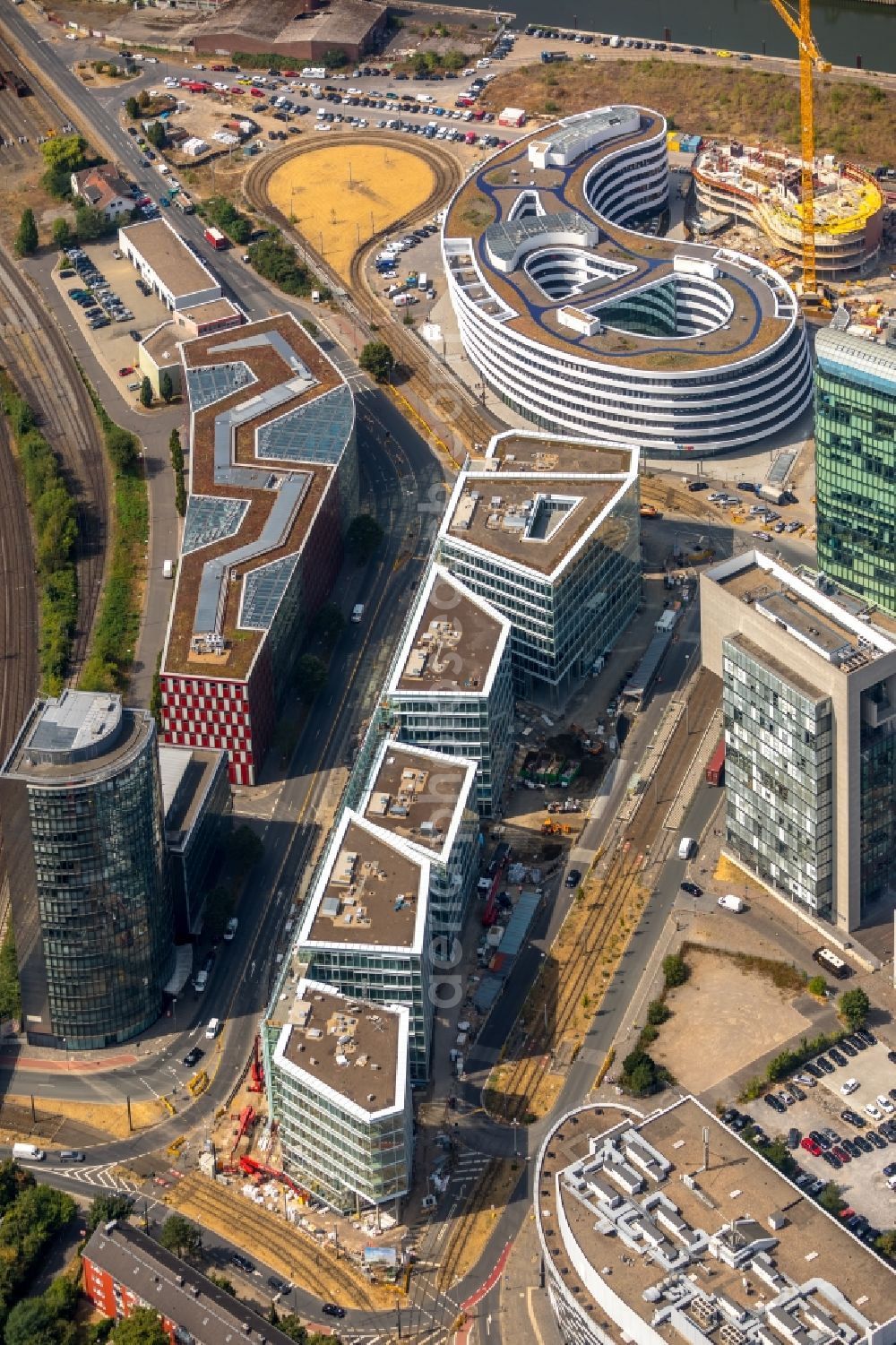 Düsseldorf from the bird's eye view: Construction site to build a new office and commercial building FLOAT between Franzsiusstrasse and Holzstrasse in Duesseldorf in the state North Rhine-Westphalia, Germany