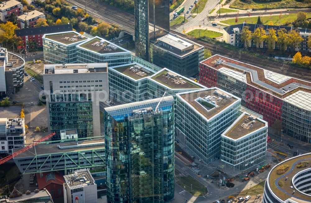 Düsseldorf from the bird's eye view: Construction site to build a new office and commercial building FLOAT between Franzsiusstrasse and Holzstrasse in Duesseldorf in the state North Rhine-Westphalia, Germany