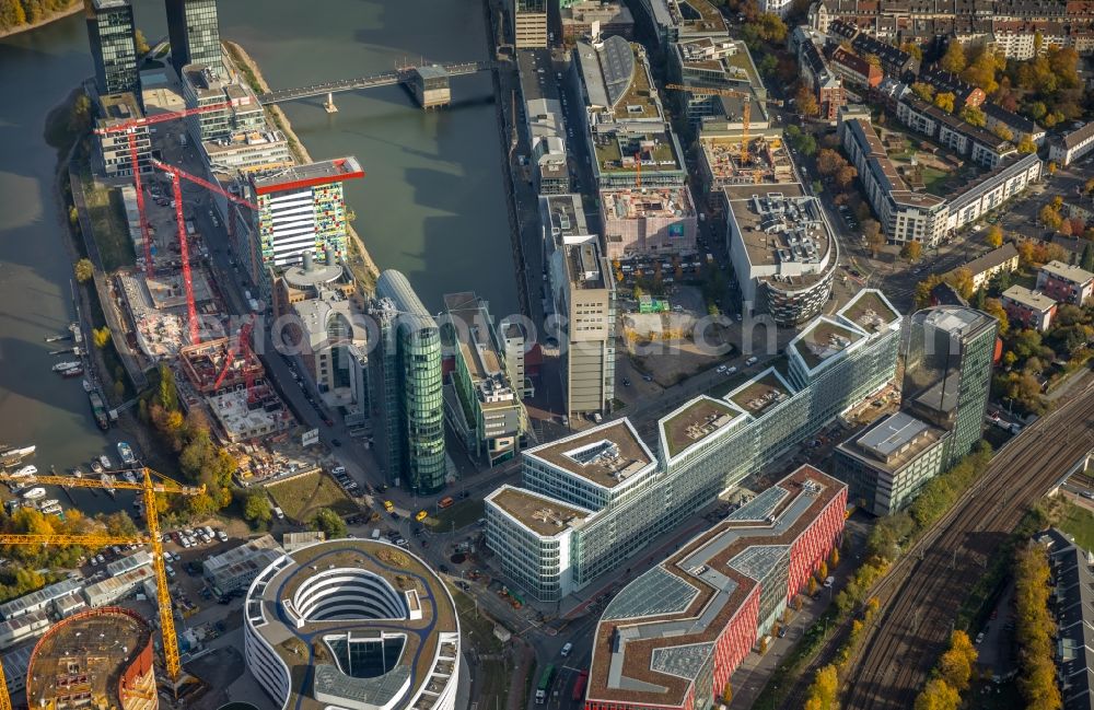 Düsseldorf from the bird's eye view: Construction site to build a new office and commercial building FLOAT between Franzsiusstrasse and Holzstrasse in Duesseldorf in the state North Rhine-Westphalia, Germany