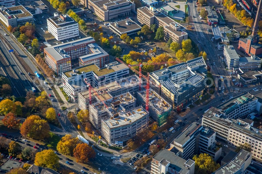 Aerial photograph Essen - Construction site to build a new office and commercial building Friedrichstrasse - Holsterhauser street in Essen in the state North Rhine-Westphalia. In the picture the europe centre and the Funke media group Essen