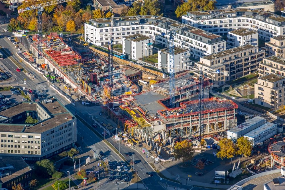 Essen from the bird's eye view: Construction site to build a new head office of the Funke media group in the Segerothstrasse in Essen in the state North Rhine-Westphalia