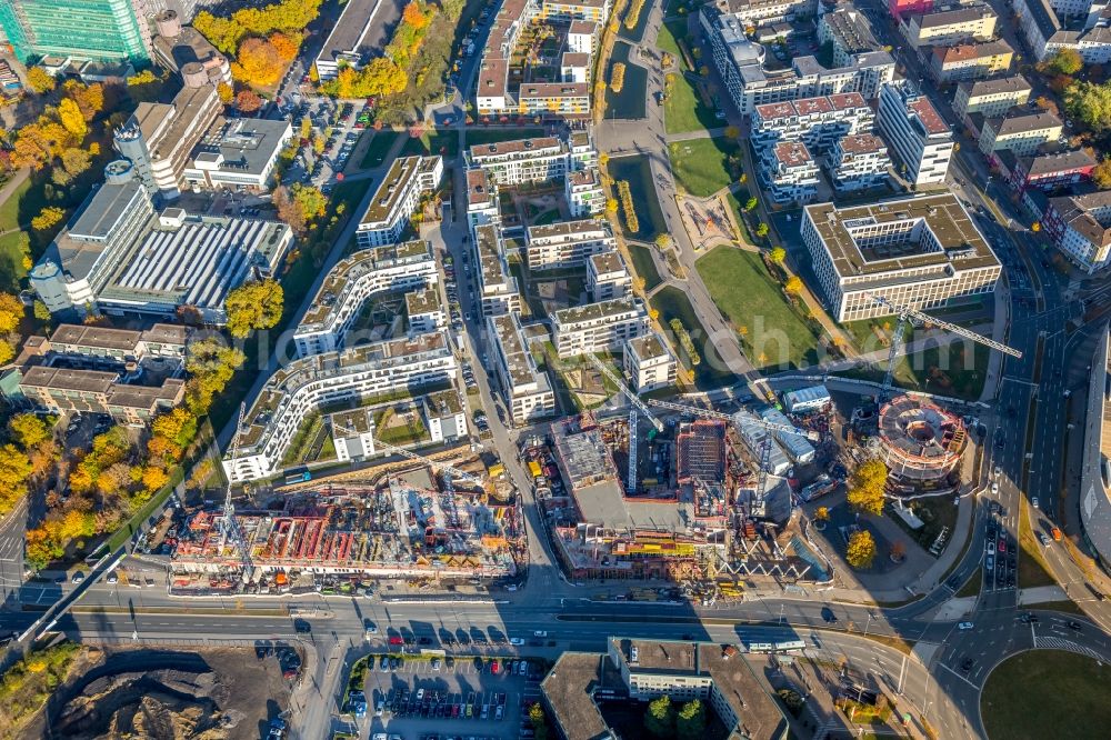 Aerial image Essen - Construction site to build a new head office of the Funke media group in the Segerothstrasse in Essen in the state North Rhine-Westphalia