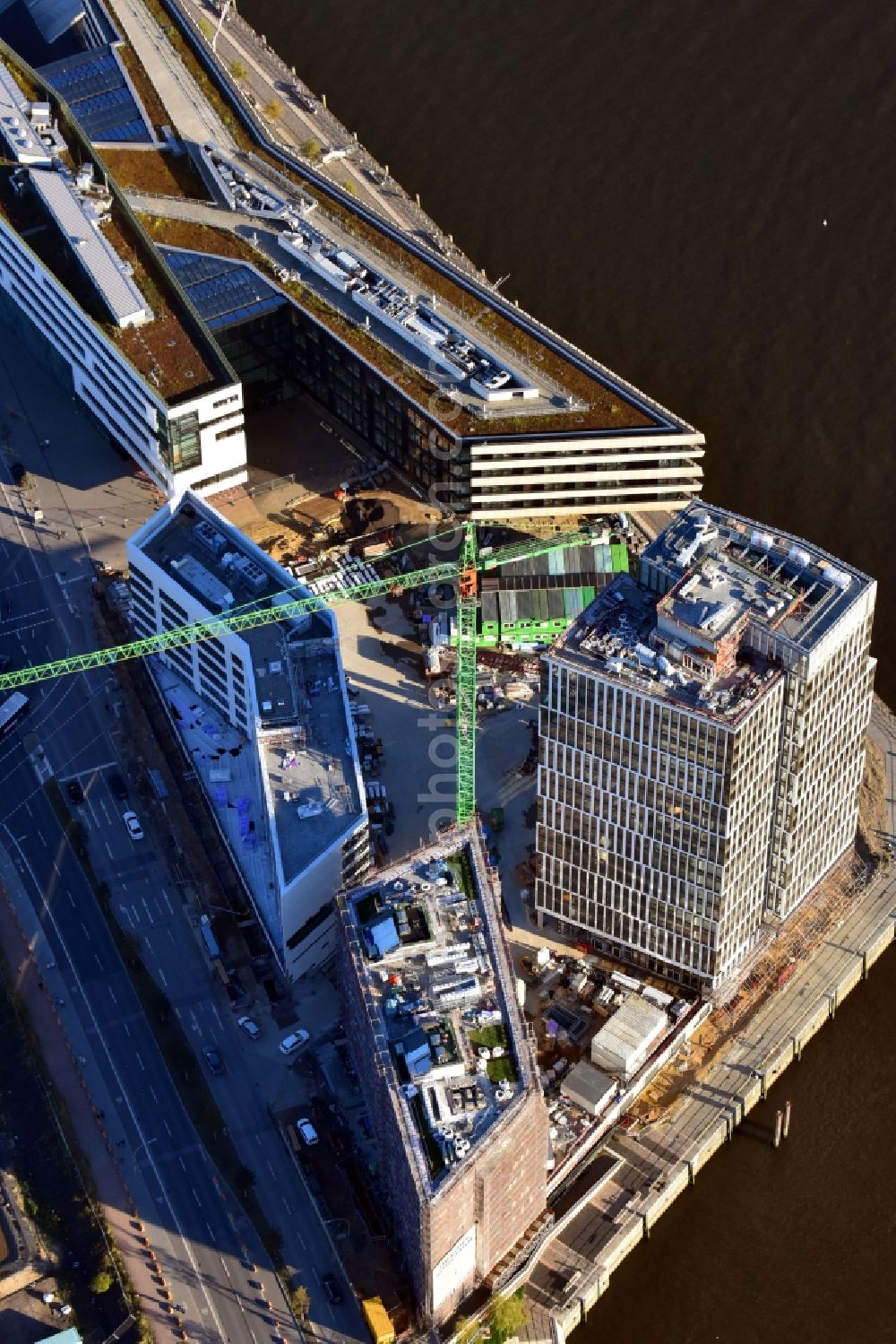 Hamburg from above - Construction site to build a new office and commercial building Intelligent Quarters in of Hafen City in Hamburg, Germany