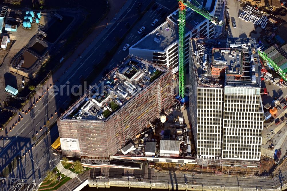 Hamburg from above - Construction site to build a new office and commercial building Intelligent Quarters in of Hafen City in Hamburg, Germany