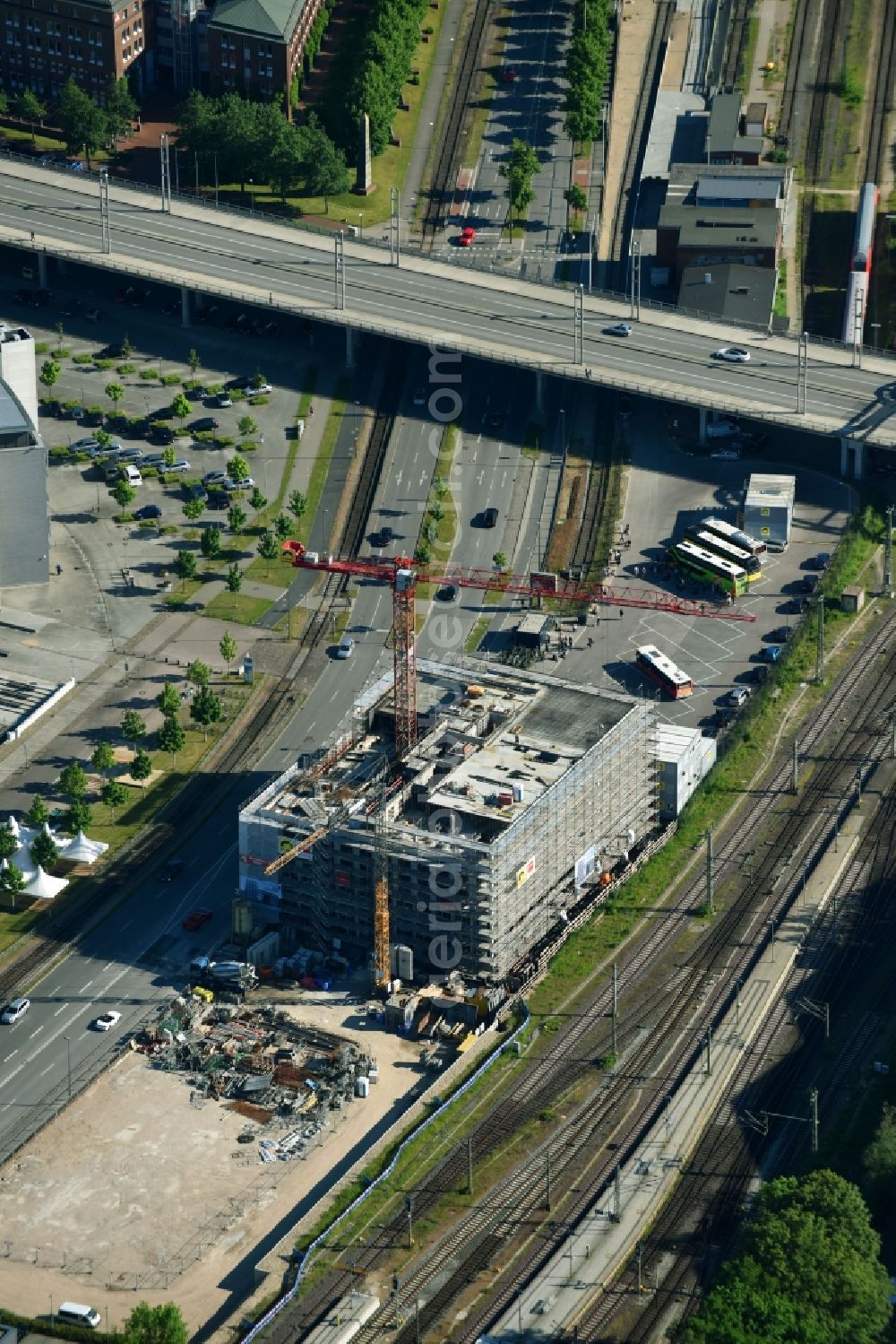 Kiel from the bird's eye view: Construction site to build a new office and commercial building of Barmer GEK on Kaistrasse in Kiel in the state Schleswig-Holstein, Germany