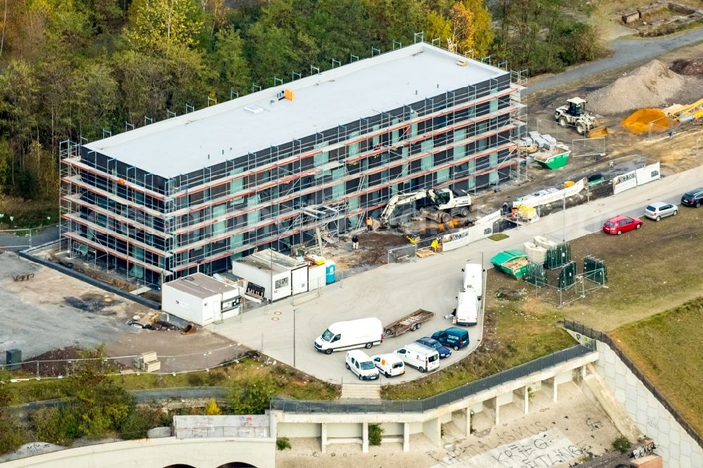 Bochum from above - Construction site to build a new office and commercial building Kultur Ruhr GmbH in the West Park in Bochum in the state North Rhine-Westphalia. Nearby the ruin of the former entrance of the Krupp grounds