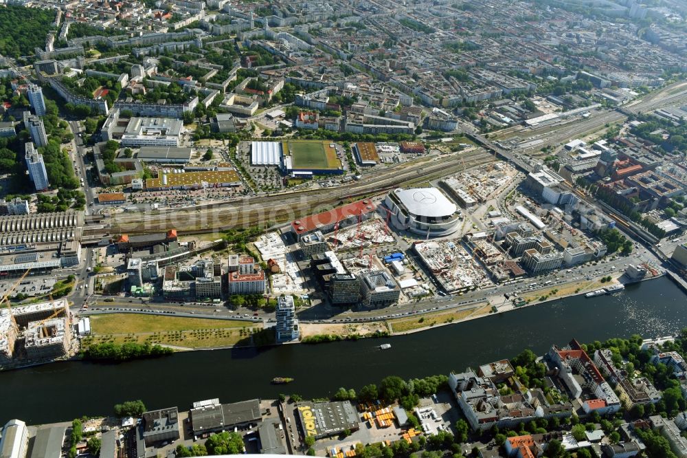 Aerial image Berlin - Construction site to build a new office and commercial building M_EINS of OVG Real Estate and LBBW Immobilien on Muehlenstrasse in the district Bezirk Friedrichshain-Kreuzberg in Berlin, Germany