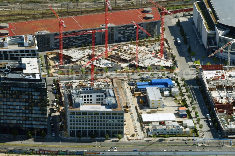 Aerial image Berlin - Construction site to build a new office and commercial building M_EINS of OVG Real Estate and LBBW Immobilien on Muehlenstrasse in the district Bezirk Friedrichshain-Kreuzberg in Berlin, Germany