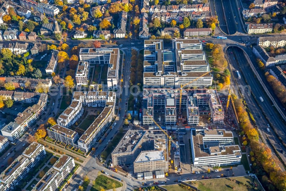 Essen from above - Construction site to build a new office and commercial building Ecke Messeallee - Luxemburger Strasse in Essen in the state North Rhine-Westphalia. Responsible building contractor - Hochtief