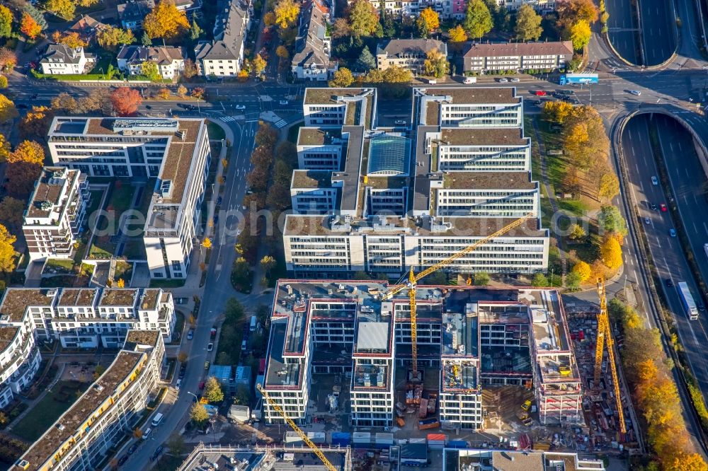 Aerial image Essen - Construction site to build a new office and commercial building Ecke Messeallee - Luxemburger Strasse in Essen in the state North Rhine-Westphalia. Responsible building contractor - Hochtief