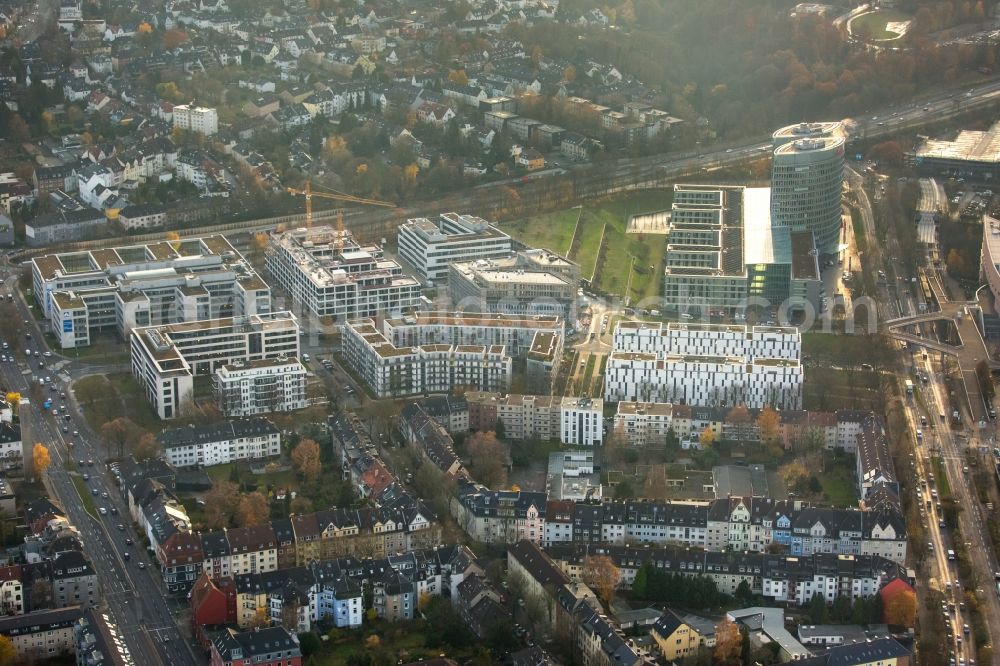 Essen from the bird's eye view: Construction site to build a new office and commercial building Messeallee - Luxemburger Strasse - Strassburger Strasse in Essen in the state North Rhine-Westphalia