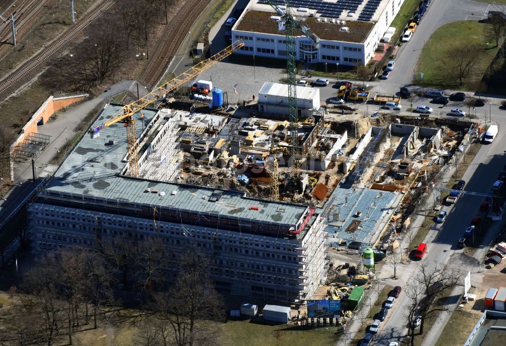 Berlin from above - Construction site to build a new office and commercial building NUBIS on Franz-Ehrlich-Strasse corner Ernst-Augustin-Strasse in the district Bezirk Treptow-Koepenick in Berlin