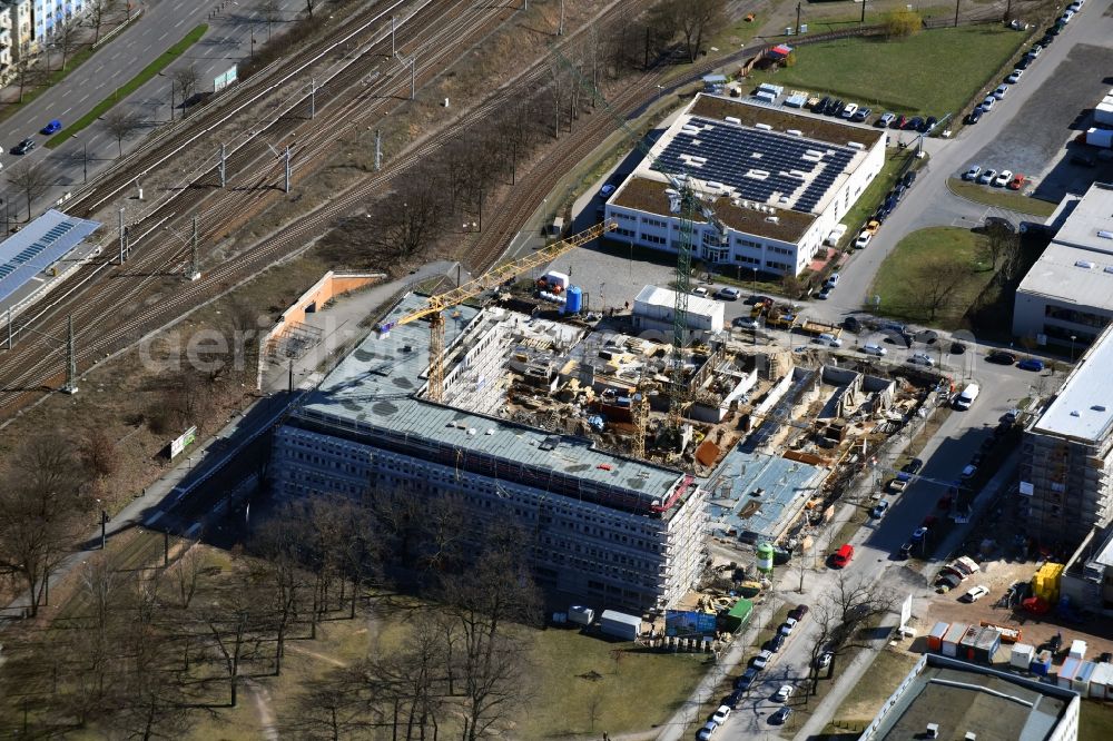 Berlin from the bird's eye view: Construction site to build a new office and commercial building NUBIS on Franz-Ehrlich-Strasse corner Ernst-Augustin-Strasse in the district Bezirk Treptow-Koepenick in Berlin