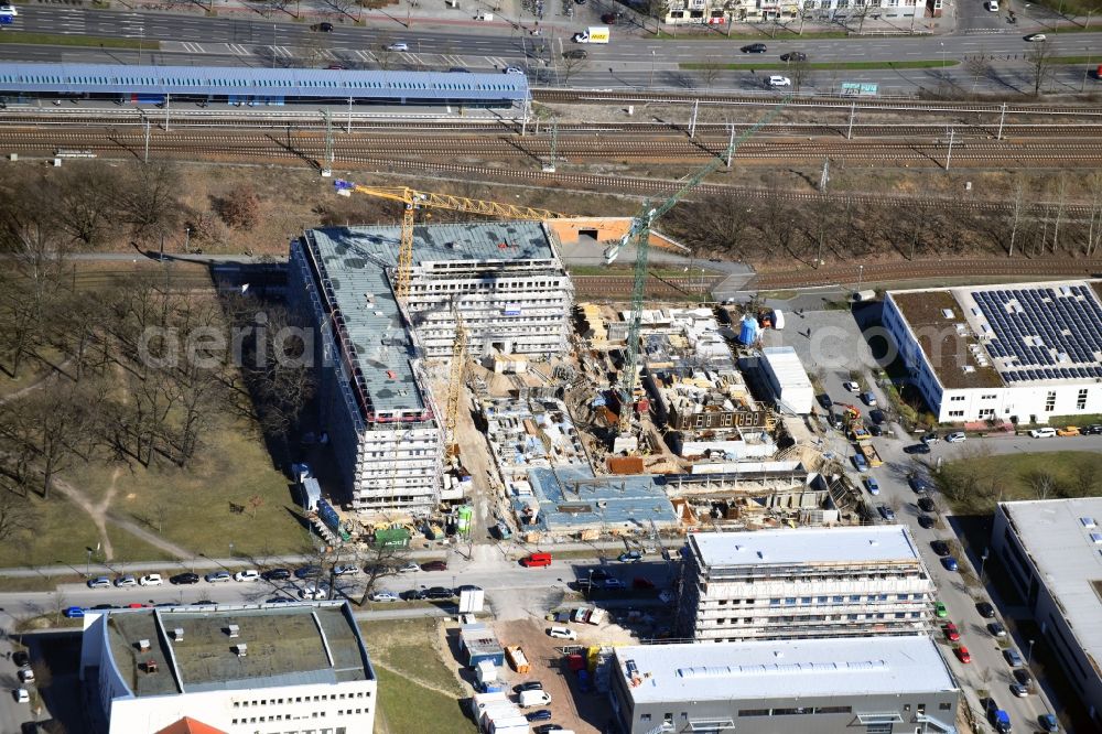 Aerial image Berlin - Construction site to build a new office and commercial building NUBIS on Franz-Ehrlich-Strasse corner Ernst-Augustin-Strasse in the district Bezirk Treptow-Koepenick in Berlin