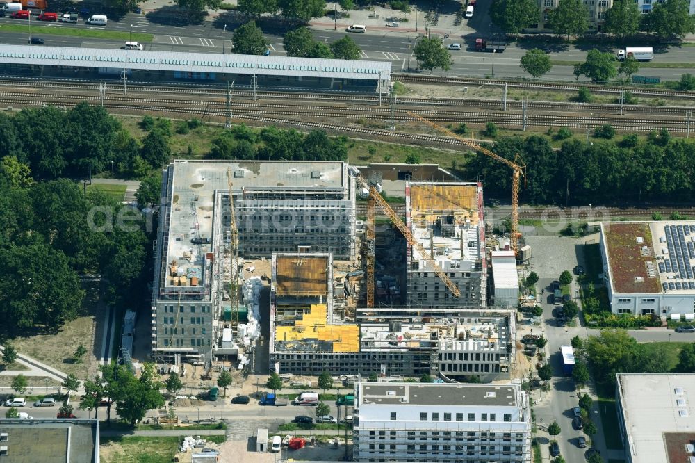 Berlin from above - Construction site to build a new office and commercial building NUBIS on Franz-Ehrlich-Strasse corner Ernst-Augustin-Strasse in the district Bezirk Treptow-Koepenick in Berlin