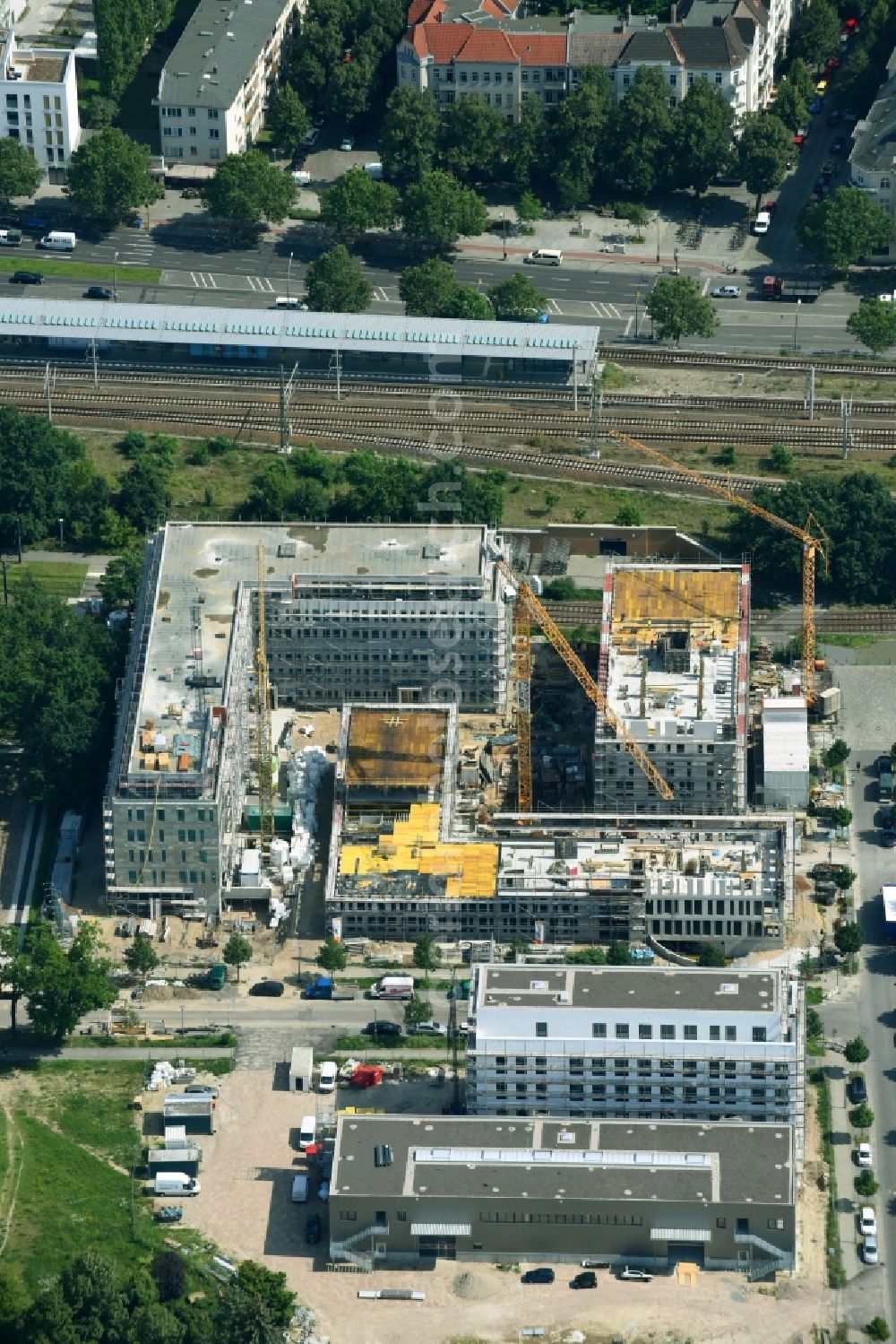 Berlin from the bird's eye view: Construction site to build a new office and commercial building NUBIS on Franz-Ehrlich-Strasse corner Ernst-Augustin-Strasse in the district Bezirk Treptow-Koepenick in Berlin