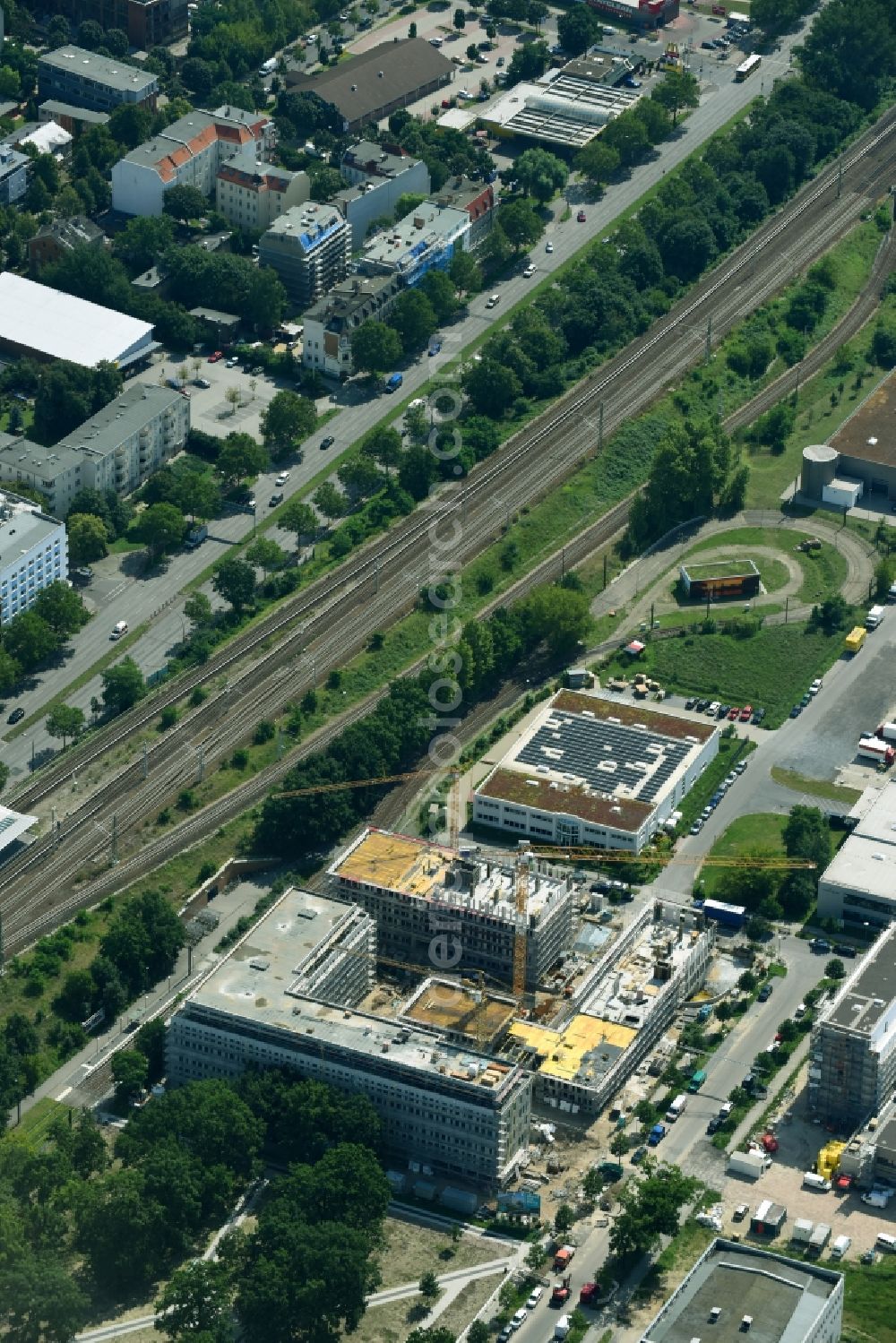 Aerial photograph Berlin - Construction site to build a new office and commercial building NUBIS on Franz-Ehrlich-Strasse corner Ernst-Augustin-Strasse in the district Bezirk Treptow-Koepenick in Berlin