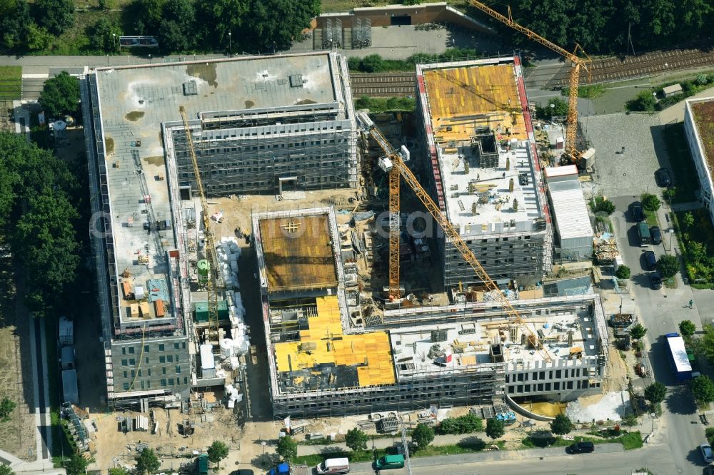 Berlin from above - Construction site to build a new office and commercial building NUBIS on Franz-Ehrlich-Strasse corner Ernst-Augustin-Strasse in the district Bezirk Treptow-Koepenick in Berlin