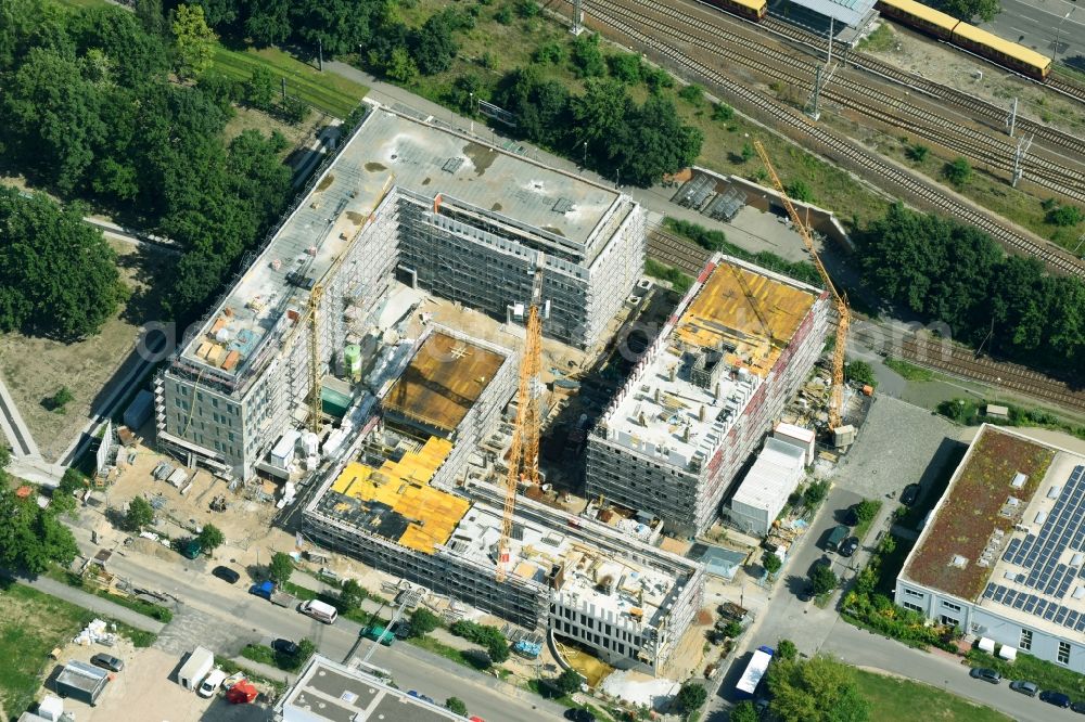 Berlin from the bird's eye view: Construction site to build a new office and commercial building NUBIS on Franz-Ehrlich-Strasse corner Ernst-Augustin-Strasse in the district Bezirk Treptow-Koepenick in Berlin