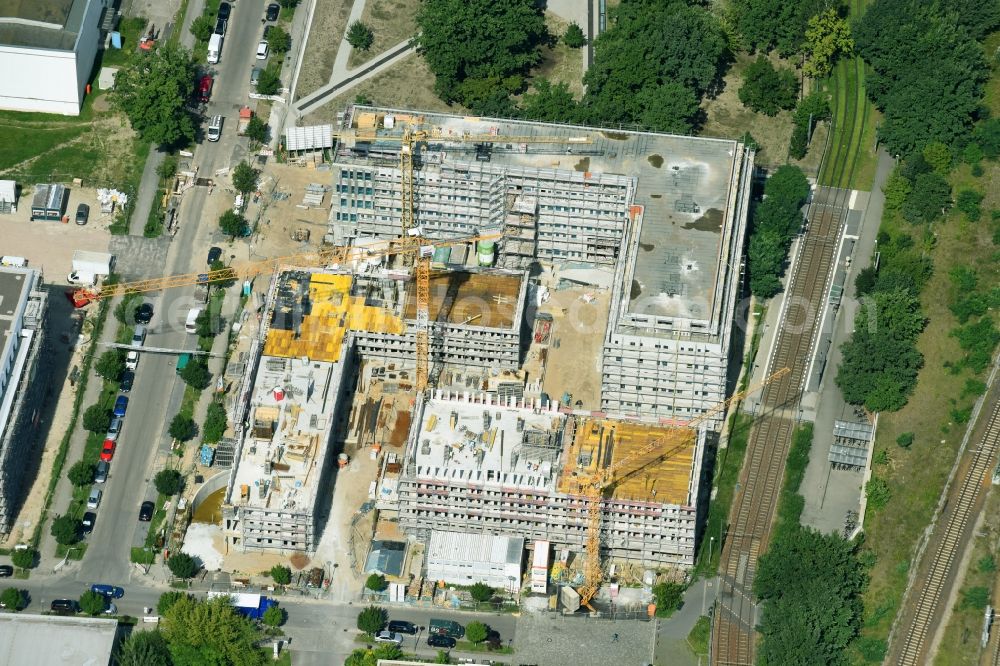 Berlin from above - Construction site to build a new office and commercial building NUBIS on Franz-Ehrlich-Strasse corner Ernst-Augustin-Strasse in the district Bezirk Treptow-Koepenick in Berlin