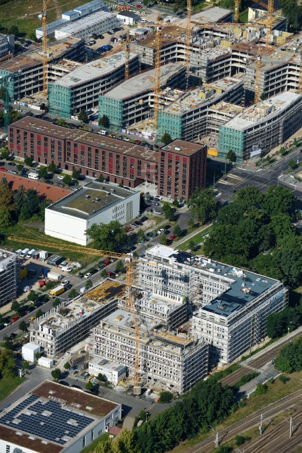 Berlin from the bird's eye view: Construction site to build a new office and commercial building NUBIS on Franz-Ehrlich-Strasse corner Ernst-Augustin-Strasse in the district Bezirk Treptow-Koepenick in Berlin