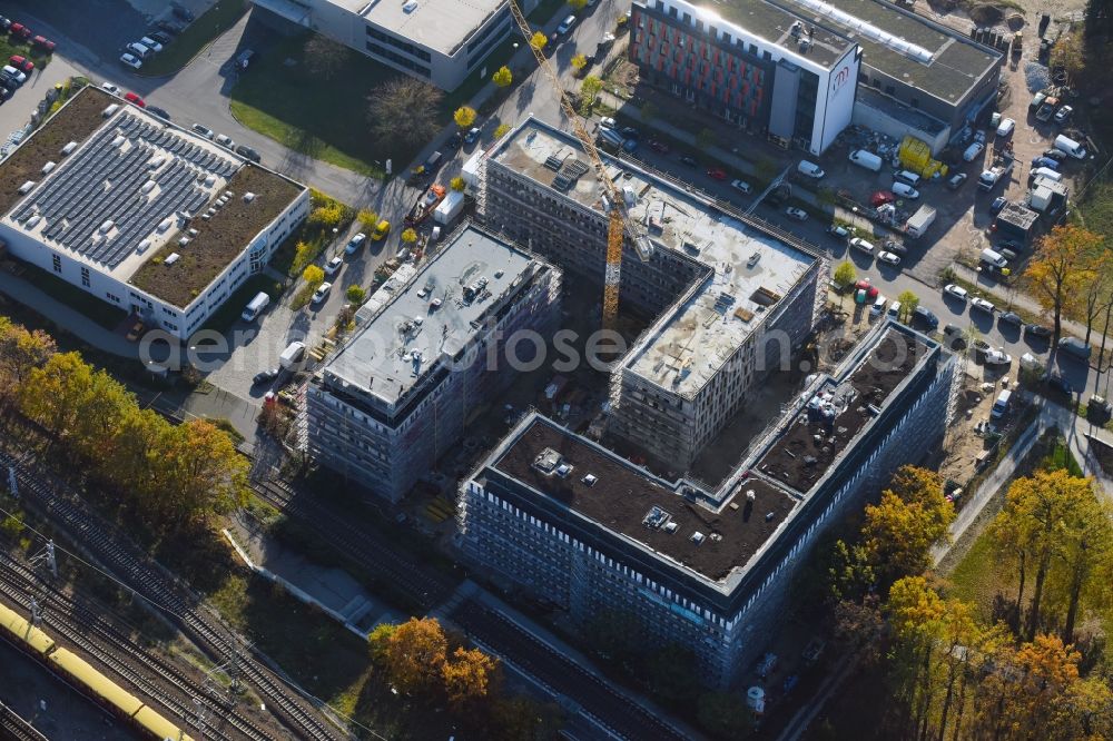 Berlin from the bird's eye view: Construction site to build a new office and commercial building NUBIS on Franz-Ehrlich-Strasse corner Ernst-Augustin-Strasse in the district Bezirk Treptow-Koepenick in Berlin