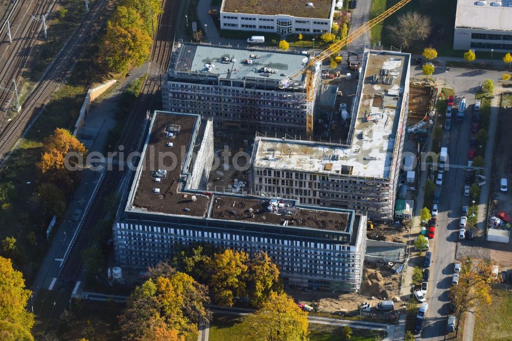 Berlin from above - Construction site to build a new office and commercial building NUBIS on Franz-Ehrlich-Strasse corner Ernst-Augustin-Strasse in the district Bezirk Treptow-Koepenick in Berlin