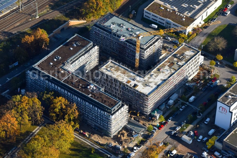 Berlin from the bird's eye view: Construction site to build a new office and commercial building NUBIS on Franz-Ehrlich-Strasse corner Ernst-Augustin-Strasse in the district Bezirk Treptow-Koepenick in Berlin