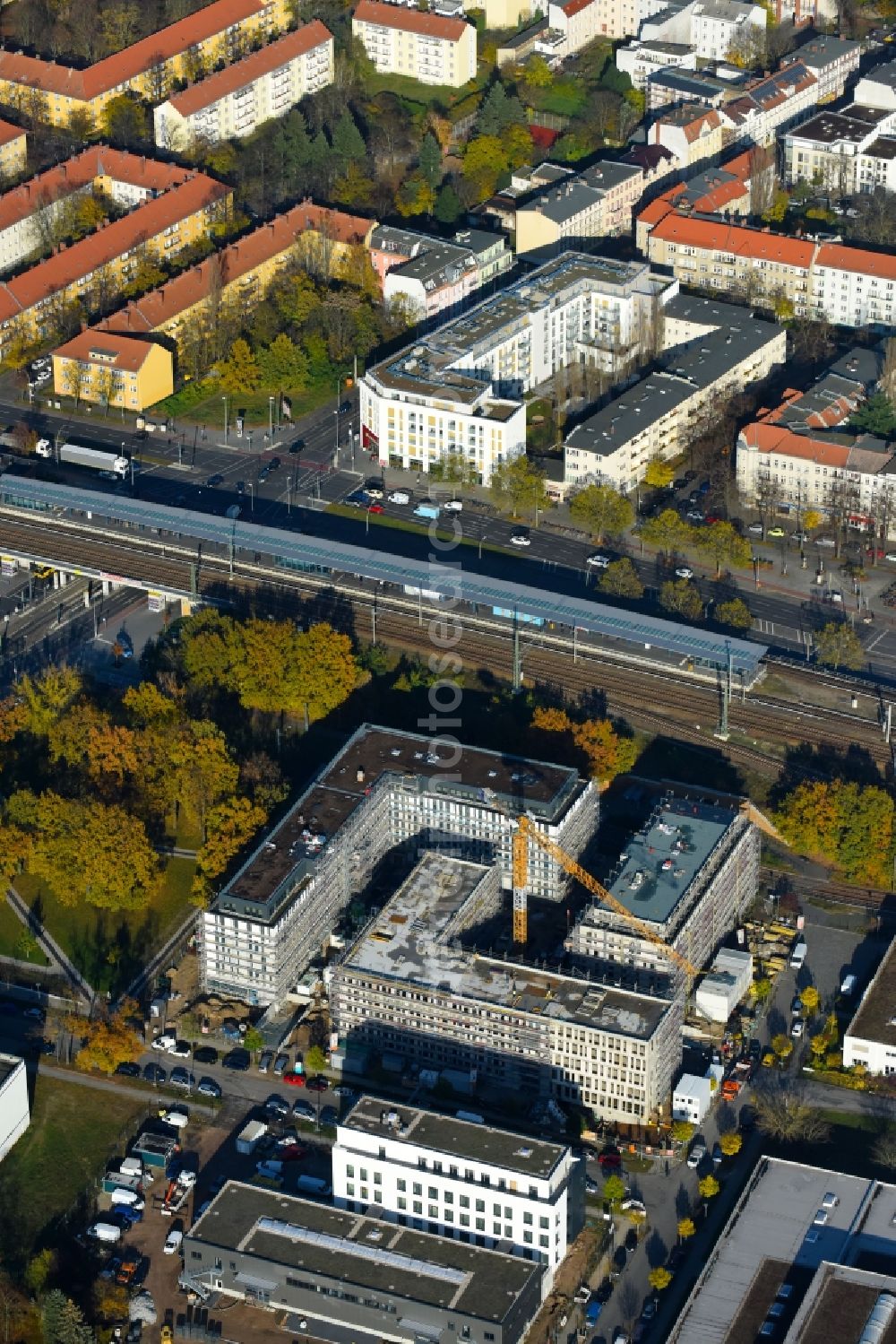 Aerial image Berlin - Construction site to build a new office and commercial building NUBIS on Franz-Ehrlich-Strasse corner Ernst-Augustin-Strasse in the district Bezirk Treptow-Koepenick in Berlin