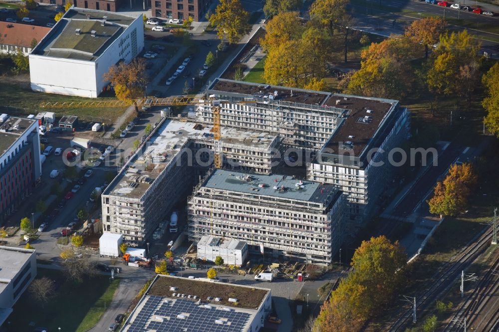 Berlin from above - Construction site to build a new office and commercial building NUBIS on Franz-Ehrlich-Strasse corner Ernst-Augustin-Strasse in the district Bezirk Treptow-Koepenick in Berlin