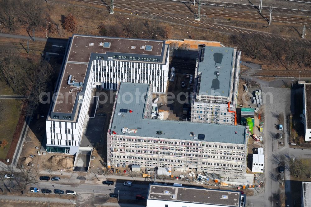 Berlin from the bird's eye view: Construction site to build a new office and commercial building NUBIS on Franz-Ehrlich-Strasse corner Ernst-Augustin-Strasse in the district Bezirk Treptow-Koepenick in Berlin