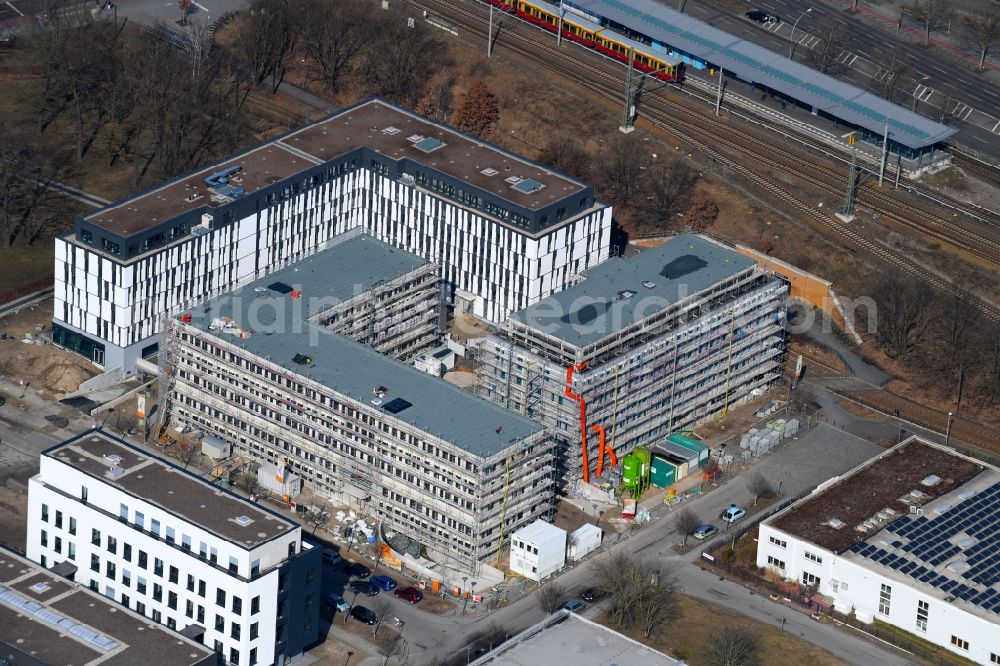 Berlin from above - Construction site to build a new office and commercial building NUBIS on Franz-Ehrlich-Strasse corner Ernst-Augustin-Strasse in the district Bezirk Treptow-Koepenick in Berlin