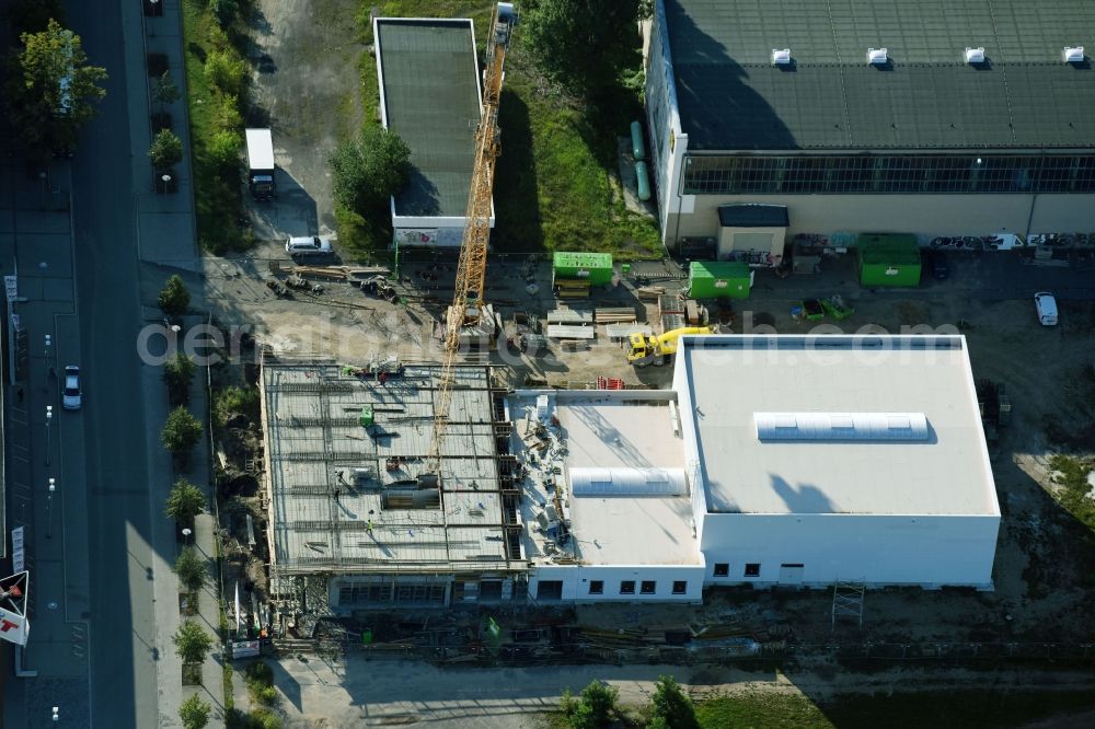 Leipzig from above - Construction site to build a new office and commercial building vom Sanitaetshaus Wolf of Orthopaedie- and Reha-Technik Wolf GmbH & Co. KG in of Dimitroffstrasse in Leipzig in the state Saxony, Germany