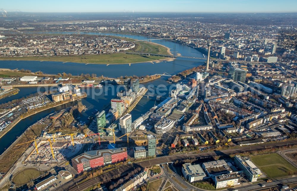 Düsseldorf from above - Construction site to build a new office and commercial building of a Trivago headquarters in the district Stadtbezirk 3 in Duesseldorf in the state North Rhine-Westphalia