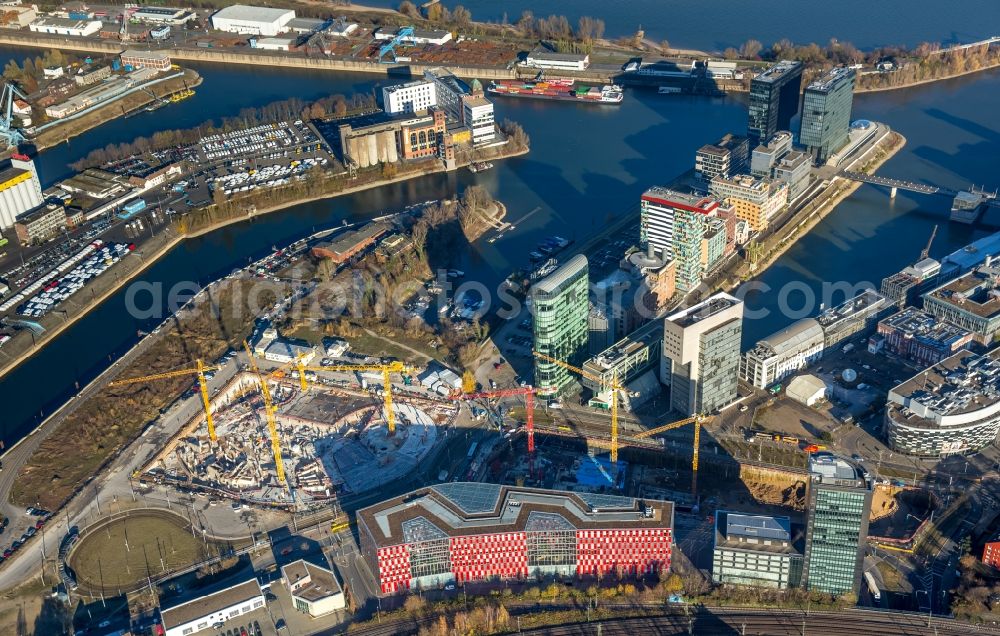 Düsseldorf from the bird's eye view: Construction site to build a new office and commercial building of a Trivago headquarters in the district Stadtbezirk 3 in Duesseldorf in the state North Rhine-Westphalia