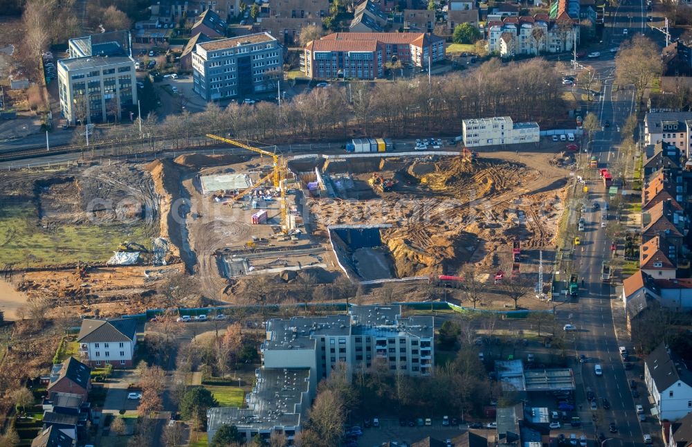 Bochum from above - Building site to the new building of an office house and business house of the Vonovia headquarters in Bochum in the federal state North Rhine-Westphalia. The Vonovia SE belongs to the leading real estate enterprises in Europe and is the biggest Wolfgang Gerbere residential real estate company in Germany